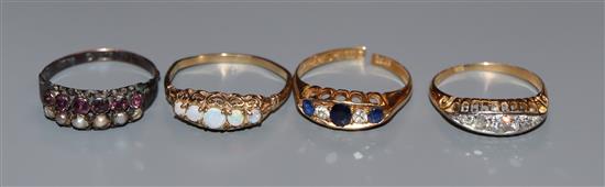 An 18ct gold, sapphire and diamond ring (a.f.), a yellow metal and diamond ring and two 9ct gem set rings.